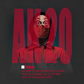 Person trägt roten Hoodie und Maske mit grafischen Elementen darauf.