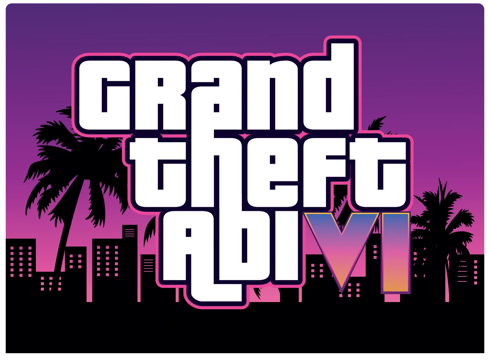 Logo Grand Theft Auto VI in weissen Blockbuchstaben mit pinkem Rand vor lila Himmel und schwarzen Palmen und Stadtsilhouette