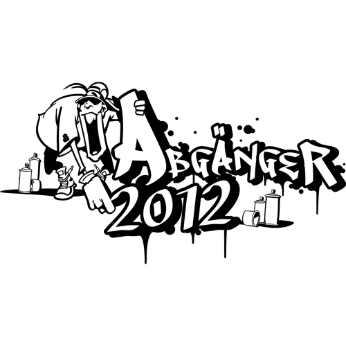 Grafik auf grünem Hintergrund mit Text "Abgänger 2012" und Rucksack tragender Figur in Schwarz.
