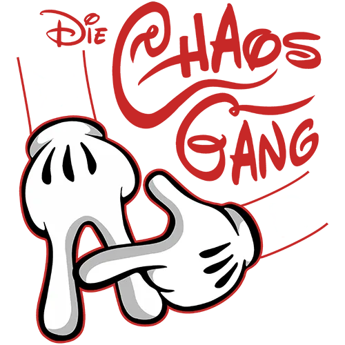 Weißer Cartoon-Handcharakter auf schwarzem Hintergrund mit roter Aufschrift "Die Chaos Gang".