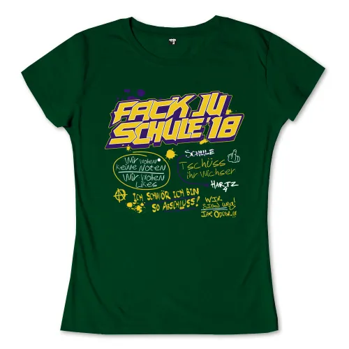 Gelber und lila Text "Fack Ju Goethe" und "Schule 17" auf zerrissenem Hintergrund.