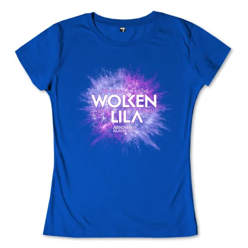 Feuerwerksdesign in Lila und Rosa auf blauem Hintergrund mit Text "Wir gehen ab bis die Wolken wieder lila sind, Abschluss Klasse 2016".