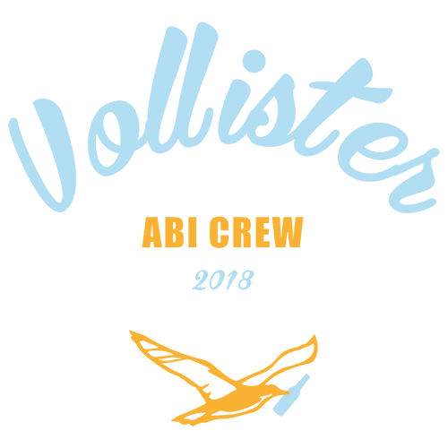 Dunkelblaues T-Shirt-Design mit der Aufschrift 'Vollister ABI CREW 2018' und einem gelben Vogel-Logo darunter.