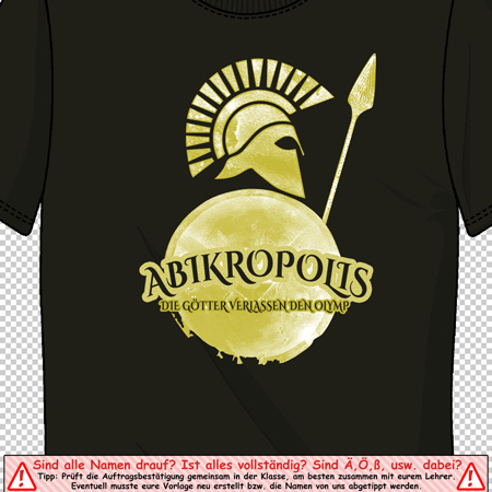 Schwarzes T-Shirt mit goldfarbenem "Abikropolis" und antikem Helm-Design über dem Text "Die Götter verlassen den Olymp".