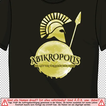 Schwarzes T-Shirt mit goldfarbenem "Abikropolis" und antikem Helm-Design über dem Text "Die Götter verlassen den Olymp".
