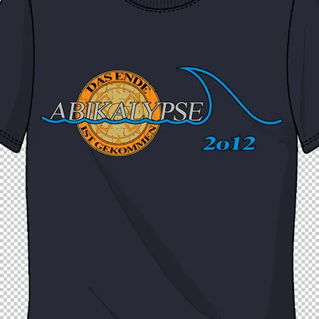 Graues T-Shirt mit dem Aufdruck "Das Ende Abikalyse 2012" und blauer Wellenlinie.