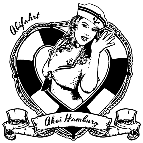 Pin-up-Frau mit Matrosenhut in einem Rettungsring, Text "Ahoi Hamburg" darunter.