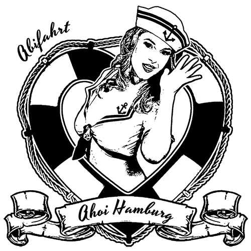 Pin-up-Frau mit Matrosenhut in einem Rettungsring, Text "Ahoi Hamburg" darunter.