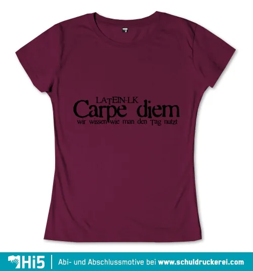 Dunkelrosa Hintergrund mit Text "LATEN-LK Carpe diem wir wissen wie man den Tag nutzt", Werbung für Schuldruckerei.