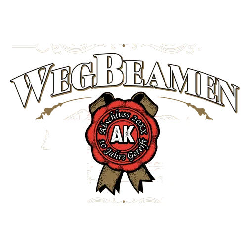 Schwarzes T-Shirt-Design mit weißem und rotem Text "Jetzt erstmal WegBeamen" und Grafik eines Siegels.