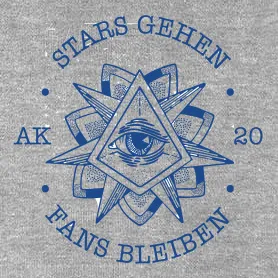 Grafik mit zentralem Auge, umgeben von sternförmigen Elementen und Text "STARS GEHEN FANS BLEIBEN"