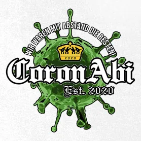 Grafik eines grünen Virus mit Text 'CoronAbi' und 'Wir waren mit Abstand die Besten 2020' darauf.