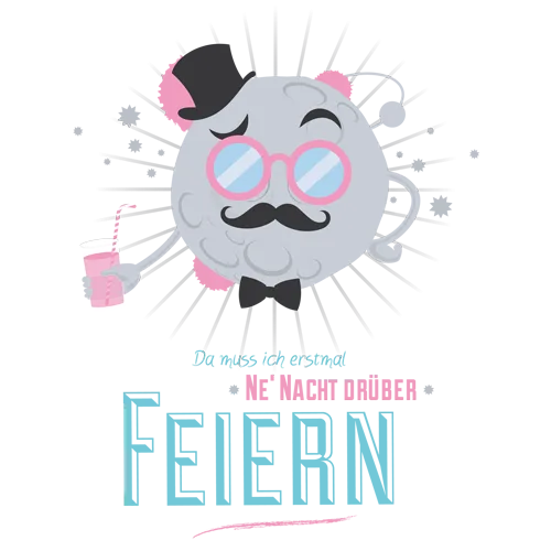 Illustration eines flauschigen Charakters mit Brille und Schnurrbart auf dunkelblauem Hintergrund.