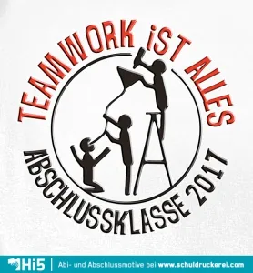 Grafik mit drei stilisierten Figuren, die sich gegenseitig beim Erklimmen unterstützen, umrahmt von Text "Teamwork ist alles, Abschlussklasse 2011".