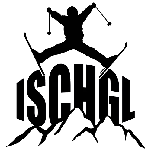 Silhouette eines Skifahrers in Aktion über dem Wort "ISCHGL".