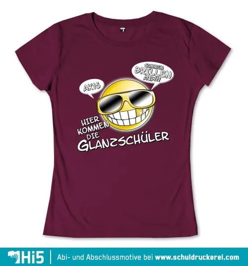 Grafik eines gelben Emojis mit Sonnenbrille und großem Lächeln, darüber Text "AK16 Sonnenbrillen auf!!", unten "Hier kommen die Glanzschüler".