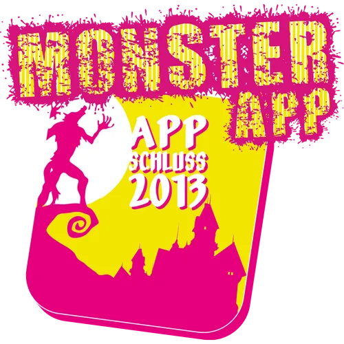 Buntes Plakat mit dem Text 'Monster App Schluss 2013' und einer Silhouette, die aus einer Smartphone-Grafik herausragt.