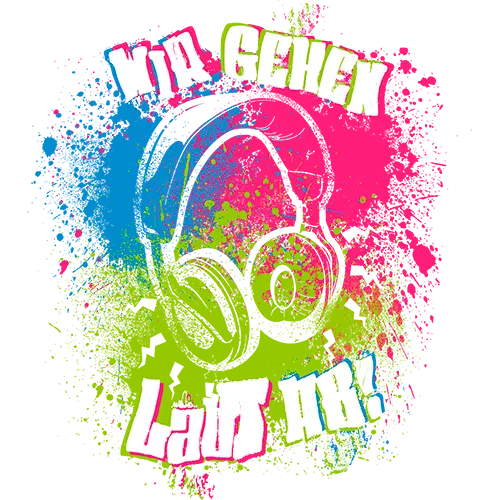 T-Shirt-Design mit dem Text "Wir gehen laut an!" und bunten Farbspritzern rund um Kopfhörer.