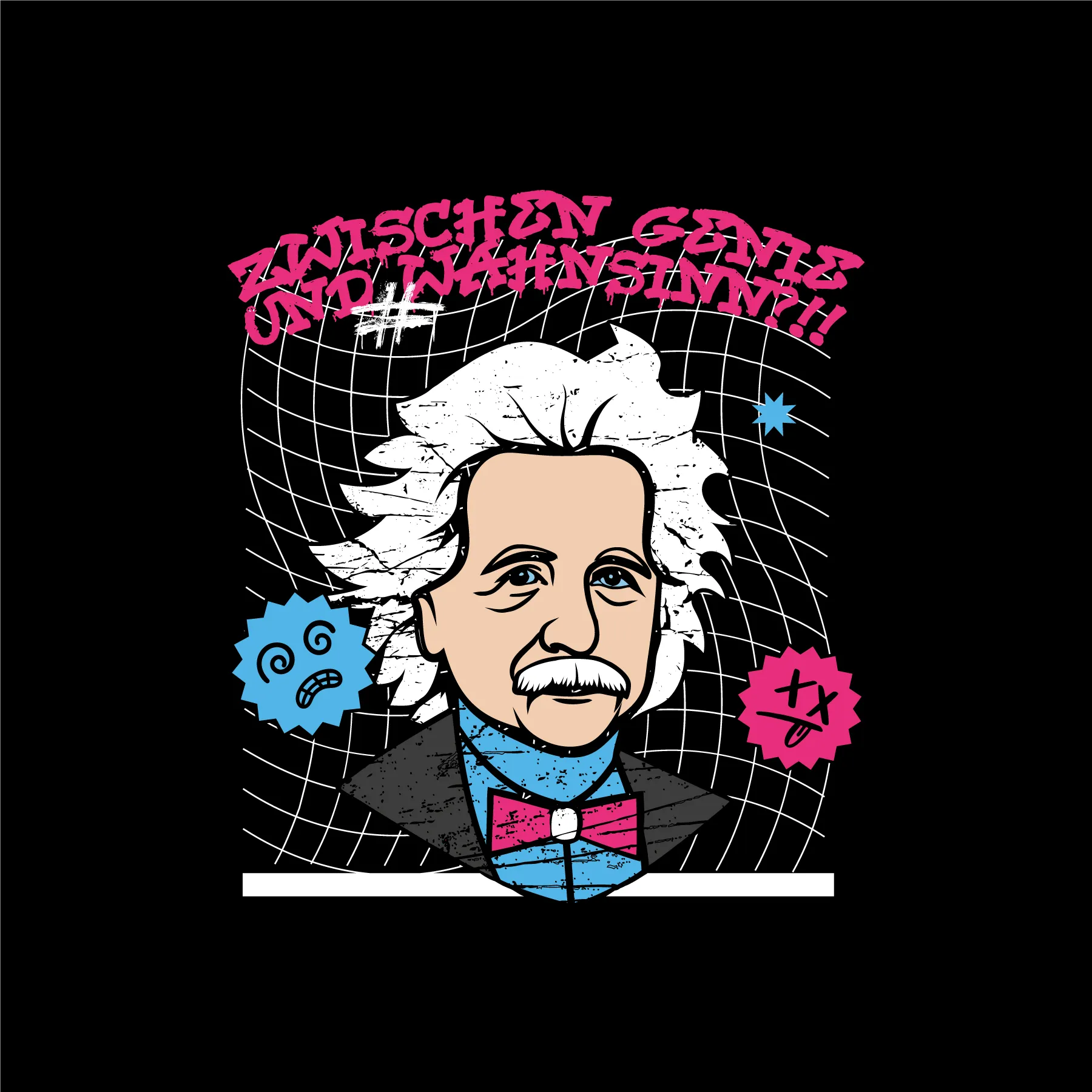 Pop art Portraet von Albert Einstein vor Gitterhintergrund mit bunten Emoticons und Text Zwischen Genie und Wahnsinn