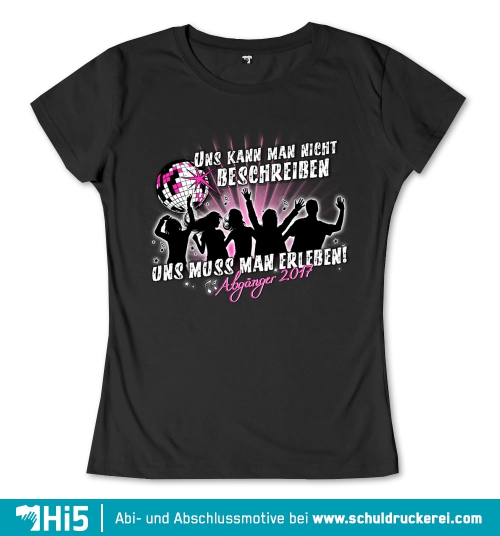 Illustration eines Abschluss-T-Shirts mit Silhouetten, einer Diskokugel und dem Text "Abgänger 2017".