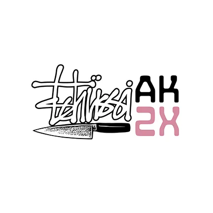 Stilisiertes Logo mit Messer geschwungener Schrift Buchstaben AK und spiegelverkehrter 2X