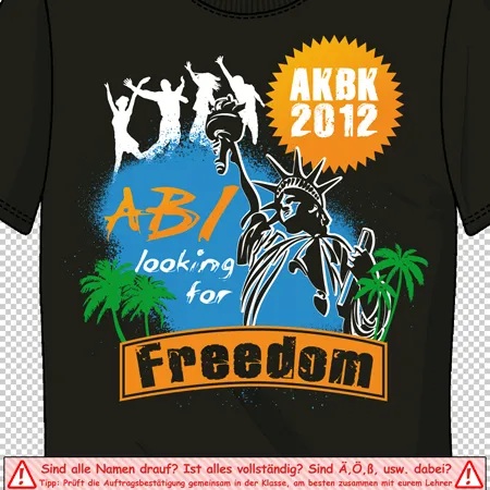 Schwarzes T-Shirt mit Grafikdesign, darunter "ABI looking for Freedom" Text und Freiheitsstatue.