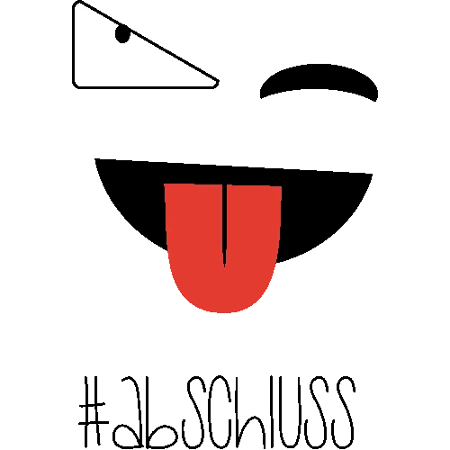 Eine grafische Darstellung eines Gesichts mit einem Dreieck als Auge, gewölbter Linie, schwarzem Kreissegment und roter Form mit "#abschluss".
