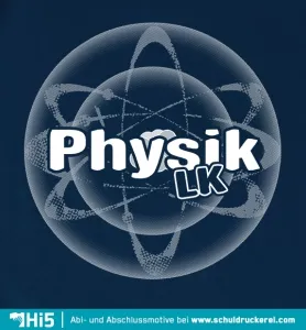 Dreidimensionales Atommodell mit Umlaufbahnen und Text "Physik LK" auf dunkelblauem Hintergrund.