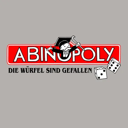 Logo mit Schriftzug 'ABINOPOLY' und dem Slogan 'DIE WÜRFEL SIND GEFALLEN', dazu ein lachender Absolvent und Würfel.