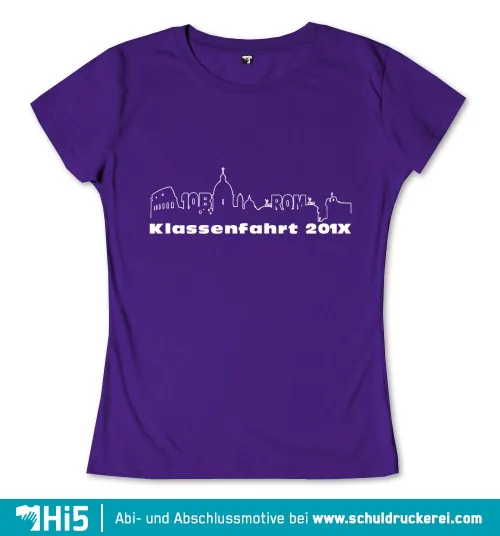 lila T-Shirt mit weißer Skyline von Rom und Text 'Klassenfahrt 201X'.