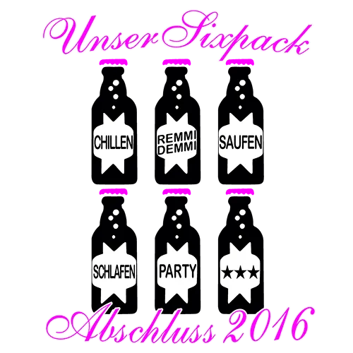 Sechs Flaschen mit Aufschriften wie 'Chillen', 'Remmi Demmi', organisiert in zwei Reihen auf hellem Hintergrund.