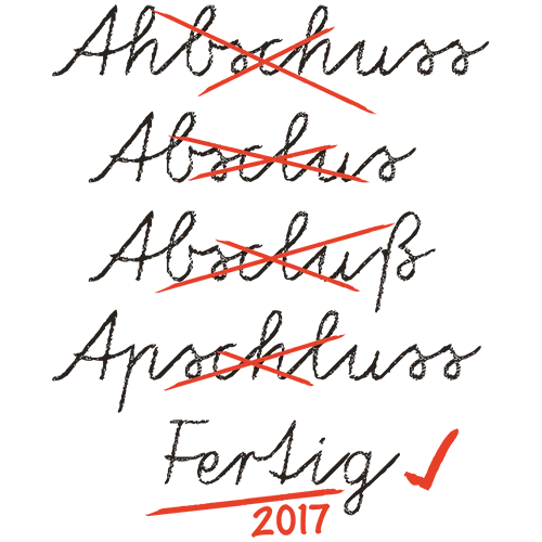 Grauer Hintergrund mit durchgestrichenen Wörtern in Rot, 'Fertig' und Haken darunter, '2017' am Bildrand.