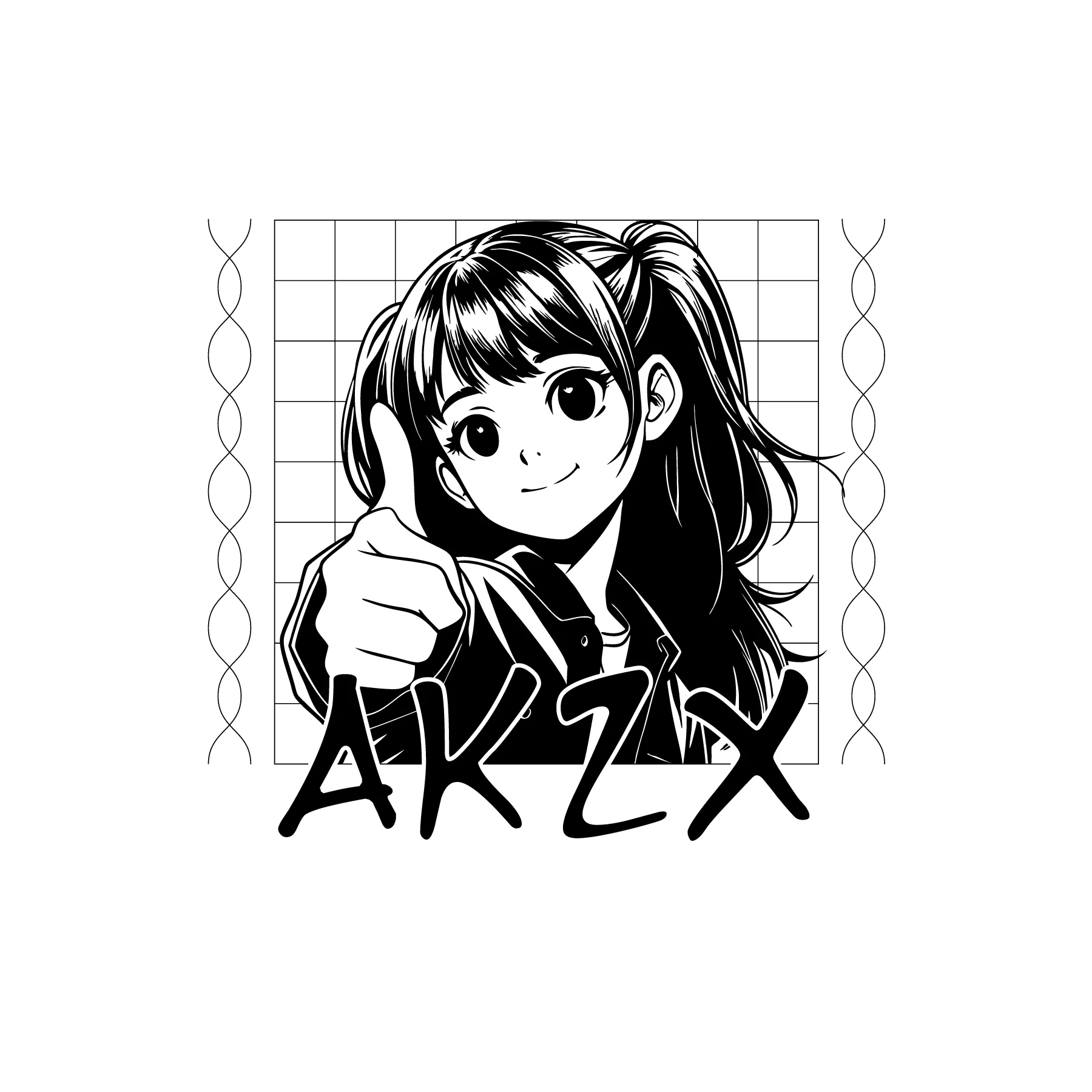 Schwarzweisszeichnung eines Anime maedchens mit Ponytail und Daumen hoch vor kariertem Hintergrund seitlichen Spirallinien und Schriftzug AKZX