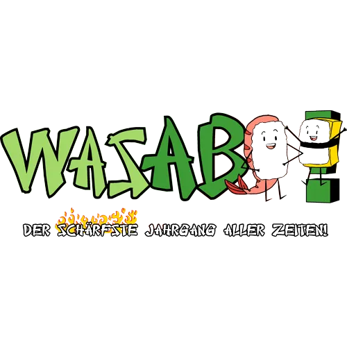 Schriftzug "WASABI" in Grün, neben einer weinenden Reisschale und einer lachenden Sushifigur.