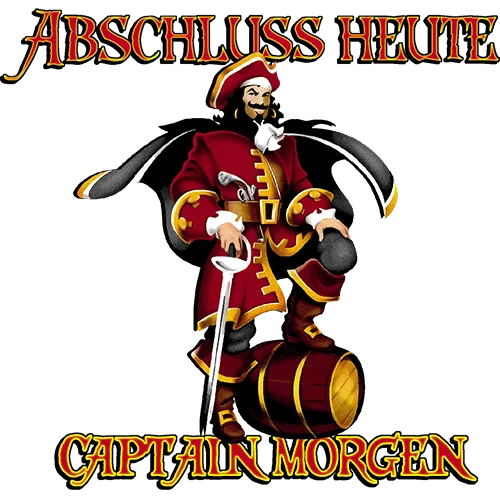 Grafik eines Piraten mit Schwert und Fass, "Abschluss Heute" und "Captain Morgan" Text.