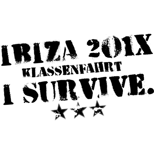Gelbes T-Shirt mit Aufdruck "IBIZA 201X KLASSENFAHRT I SURVIVE" und drei Sternen unterhalb des Textes.
