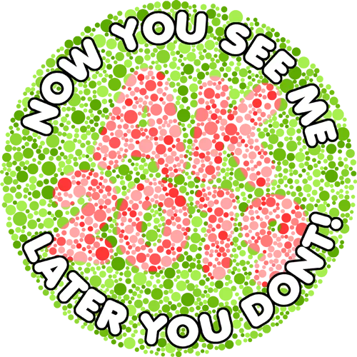 Runder Ishihara-Farbsehtest zeigt "AK 47" in roten Punkten auf grünem Hintergrund.