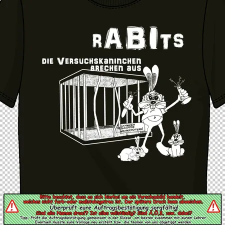 Design eines schwarzen T-Shirts zeigt Cartoons von Kaninchen, die aus einem Käfig ausbrechen.