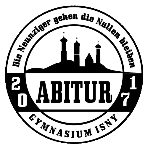 Schwarzes Logo mit Isny Silhouette, Text 'Abitur Gymnasium Isny 2017', umkreist von 'Die Neunziger gehen die Nullen bleiben'