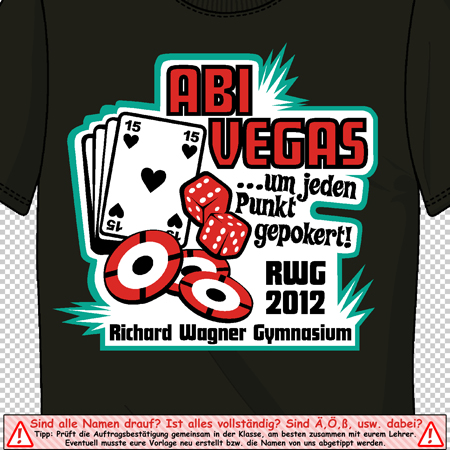 Design eines schwarzen T-Shirts mit 'ABI VEGAS' Text, Spielkarten, Würfeln und '2012 RUG'.