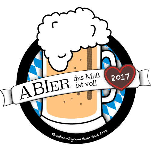Illustration eines Bierkrugs auf blau-weißem Hintergrund, Text "ABIER das Maß ist voll", mit rotem Herz und Jahr 2017.