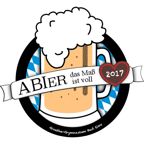 Illustration eines Bierkrugs auf blau-weißem Hintergrund, Text "ABIER das Maß ist voll", mit rotem Herz und Jahr 2017.
