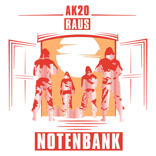 Illustration von Personen, die aus einem Gebäude mit dem Schriftzug "Notenbank" treten.