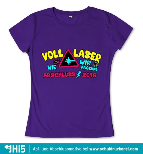 Grafik mit Text "Voll Laser wie wir Abschluss abgehen! 2016" und Icons auf lila Hintergrund.