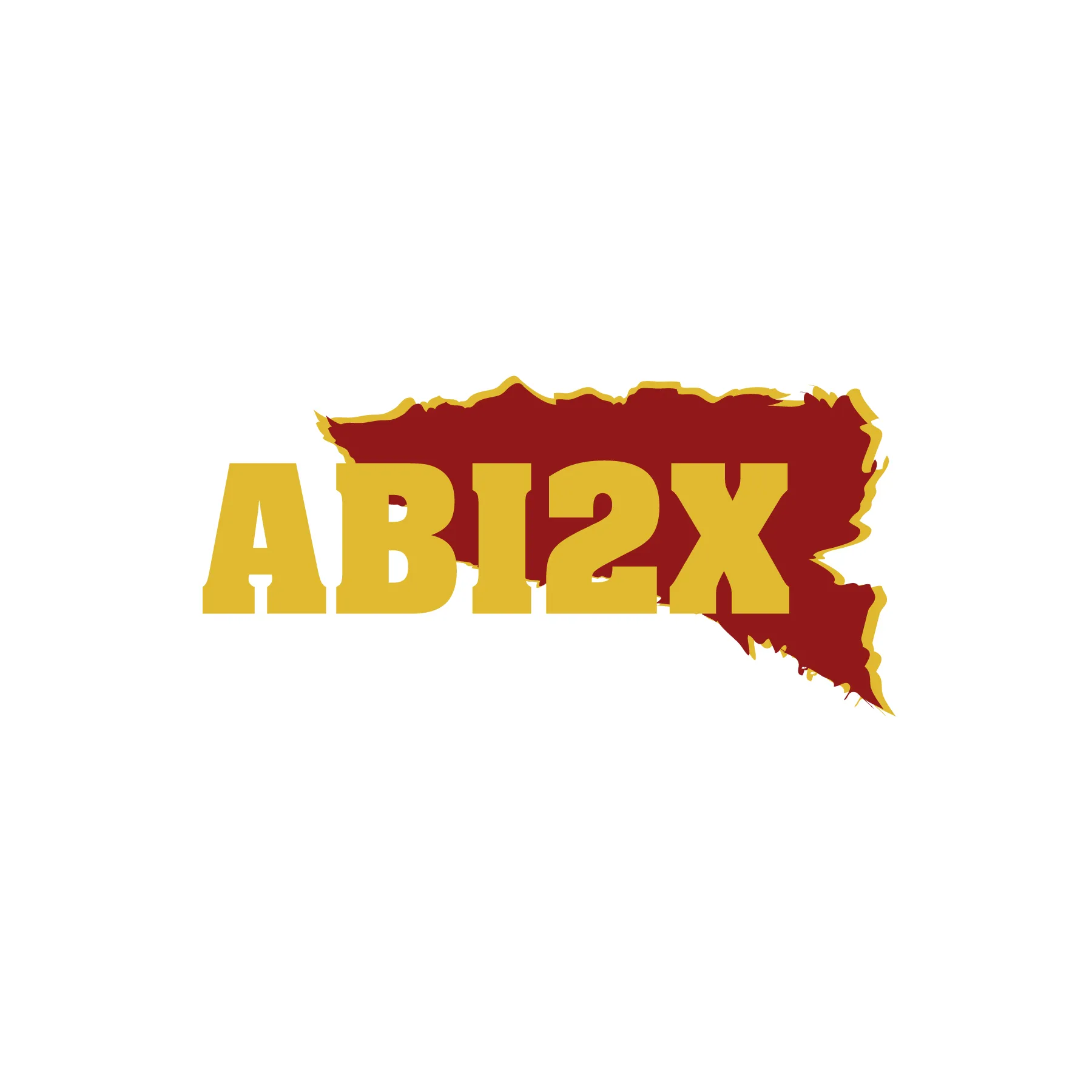 Bold yellow letters ABI2X centered over an irregular red shape with yellow outline on a white background