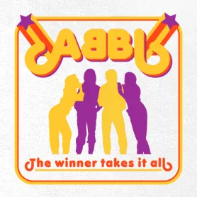 Abstrakte Darstellung von vier Personen mit der Aufschrift 'ABBA' und 'The winner takes it all' auf einem grafischen Design.