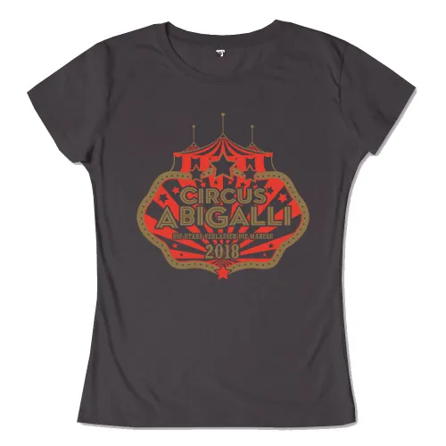 Rote und orange Zirkus-Grafik mit Text "Circus Abigalli 2018" und "Die Stars verlassen die Manege".