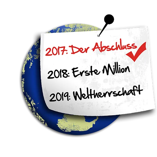 Ein runder Aufkleber und eine Notiz auf einer Pinnwand mit Zielen für 2017 bis 2019.