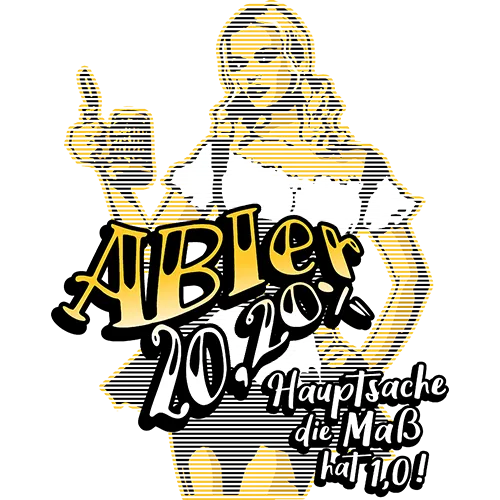 Illustration einer blonden Frau in Tracht, die ein Bier hält, mit Text "AbiBier 2020".