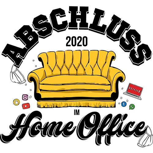 Illustration einer gelben Couch mit "Abschluss 2020 im Home Office" Text und umgebenden Symbolen.